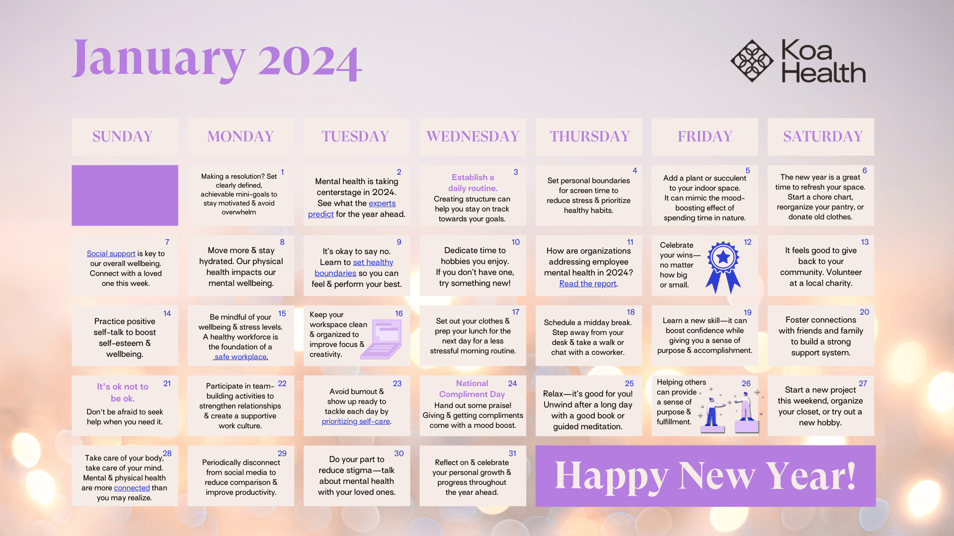 January 2024 mental wellbeing calendar